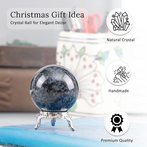 Crocon® 45mm Indigo Gabbro Stone Sphere Ball with Metal Stand 1400+ Carats Gemstone Ball Healing Sculpture Figurine for Fengshui Divination Home Decoration Photography Crystal Sphere