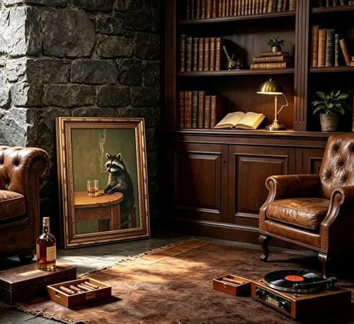 Vintage Gold Framed Smoking Raccoon Wall Art,Moody Dark Funny Animal Whiskey Cigar Canvas Print,Humor Funny Raccoon Wall Decor,Retro Bar Cart Poster Artwork,for Study Living Office Bar Decor