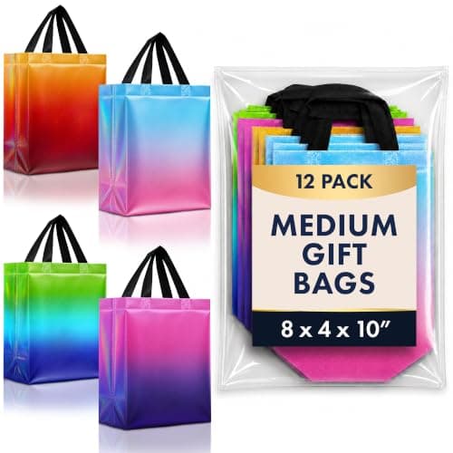 Nush Nush Rise Gradient Gift Bags – Set of 12 Mix Color Ombre Reusable Gift Bags With Holographic Finish - Colorful Party Favor Bags With Handles, Goodie Bags - 8x4x10 Medium Size