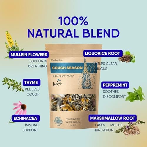 Leckar Cough Season Herbal Tea – Natural Respiratory Support Blend with Mullein, Thyme & Echinacea – Soothes Sore Throat & Hoarse Voice – Lung Health & Immune Boost – Caffeine-Free – 2 oz