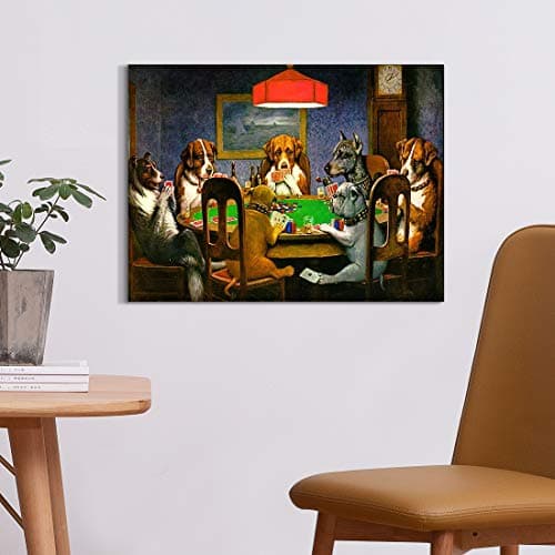 Denozer Dogs Playing Poker Canvas Wall Art Prints 16 x 12 inch Chess and Cards Room Anthropomorphic Dog Game Painting Funny Home Decor Picture for Living Room Bedroom