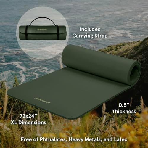 Retrospec Solana Yoga Mat 1/2" Thick w/Nylon Strap for Men & Women - Non Slip Excercise Mat for Yoga, Pilates, Stretching, Floor & Fitness Workouts, Wild Spruce
