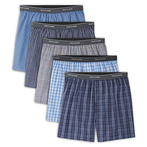 Fruit of the Loom Men's 5 Pack Exposed Waistband Assorted, Blues Boxer, Size Small