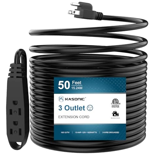 50-Feet 3 Outlet Extension Cord, Kasonic UL Listed, 16/3 SJTW 3-Wire Grounded, 13 Amp 125 V 1625 Watts, Multi-Outlet Indoor/Outdoor Use, Black
