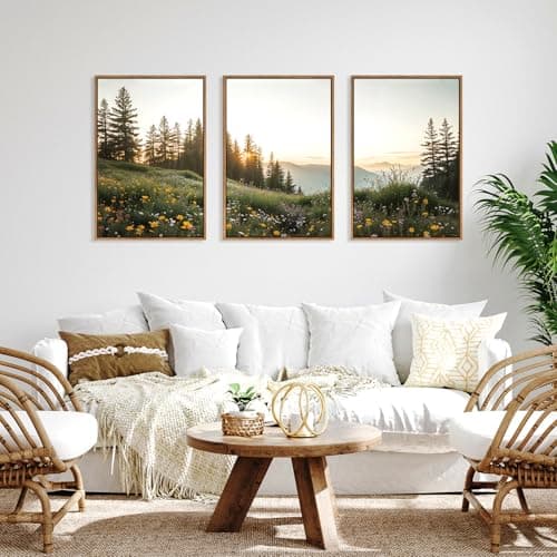 HPNIUB Mountain Canvas Wall Art Set, Framed Forest Nature Wall Decor, 3 Piece Landscape Paintings Artwork, 16x24 Inches Wildflower Pictures for Living Room, Bedroom, Office