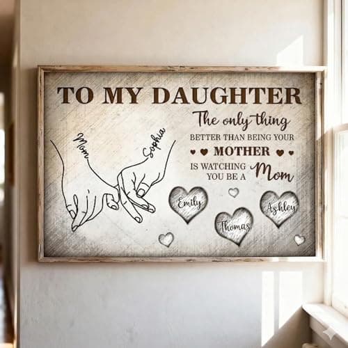 Personalized To My Daughter Wooden Wall Art from Mom – Custom Canvas Holding Hands Plaque with Kids Names, Meaningful Mother’s Day Birthday Gift for Daughter from Mom Style 1