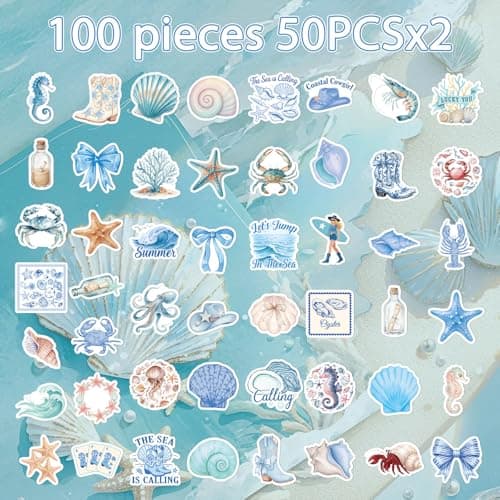 Vemfare Beach Coastal Summer Stickers - 100 Pcs Beachy Aesthetic Water Bottle Stickers, Ocean Waterproof Scrapbook Sticker, Vinyl Decals for Luggage Laptop Journal