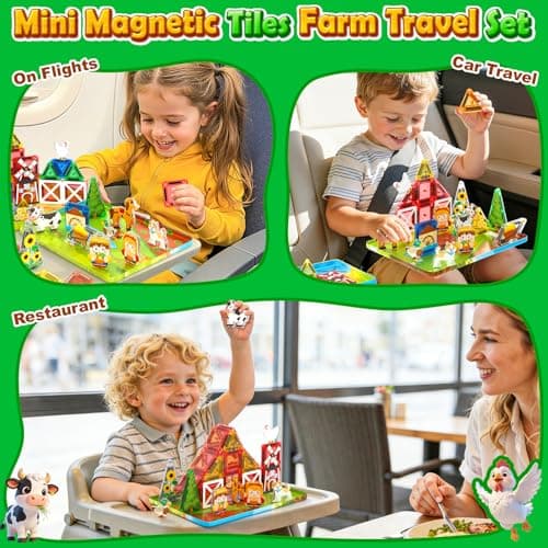 IGIVI Mini Magnetic Tiles Farm Travel Set, Magnet Building Blocks for Toddlers, STEM Travel Toys with Metal Storage Box, Christmas Birthdays Gifts for Kids Ages 3+