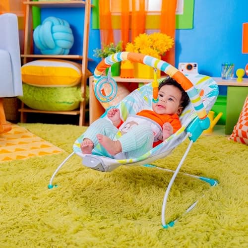 Bright Starts Rainforest Vibes 3-Point Harness Vibrating Baby Bouncer with -Toy bar