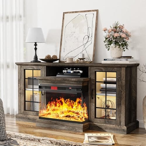 oneinmil 59" Fireplace TV Stand, 3 Sided Glass Media Entertainment Center Console Table for TVs up to 65" with Glass Door Adjustable Flame LED Color for Living Room, Set of TV Table, Grey