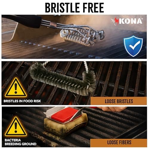 Kona Safe/Clean Grill Brush - Bristle Free Barbecue Brush - 100% Rust Resistant Stainless BBQ Cleaner Safe for Porcelain, Ceramic, Steel, Iron - Great Grilling Accessories, Black