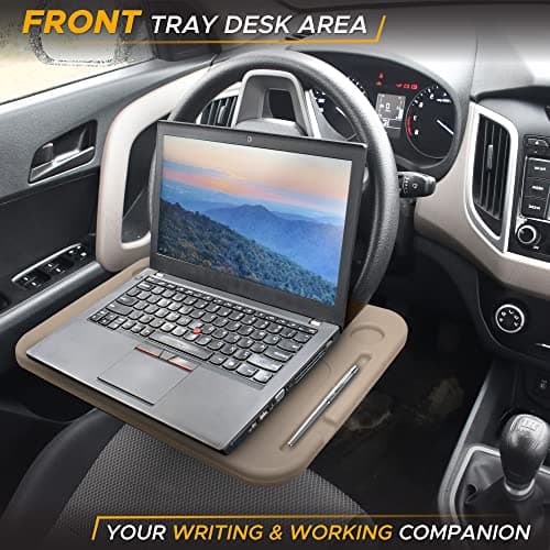 EcoNour 2 in 1 Car Steering Wheel Desk (Beige) | Steering Wheel Tray for Laptop, Eating, Drinks | Rectangular ABS Car Tray with Pen Holder & Cup Holder