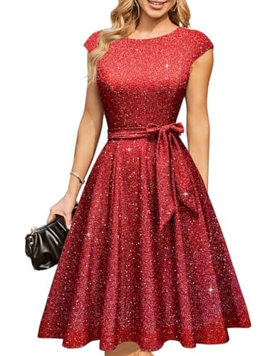 DRESSTELLS Cocktail Dresses for Women 2026 Modest Formal Wedding Guest Valentine's Day Tea Party Sequin Sparkly Knee Length Prom Dress Glitter_red L