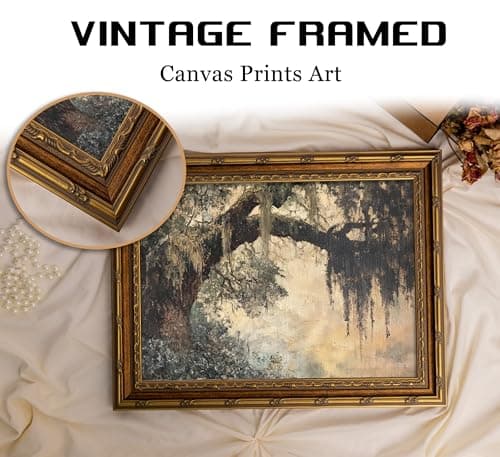 Vintage Gold Framed Vintage Oak Tree Wall Art Retro Landscape Canvas Wall Decor Oak Tree Moss Artwork Picture Retro Rustic Tree Poster Print for Home Living Bedroom Farmhouse Hallway