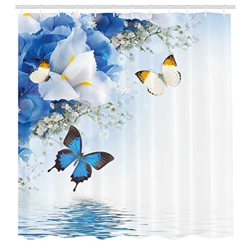 Ambesonne Floral Shower Curtain, Nature Theme Wild Flowers Monarch Flying Butterflies Lily on Lake Therapy Spa, Cloth Fabric Bathroom Decor Set with Hooks, 69" W x 70" L, Blue White