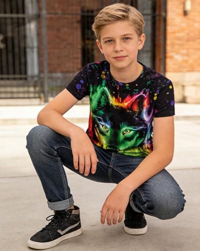 Rynzola Boys 3D Print T-Shirts Girls Summer Colorful Design Graphic Tee Kids Crewneck Short Sleeve Causal Tops(Wolf,6-7T)