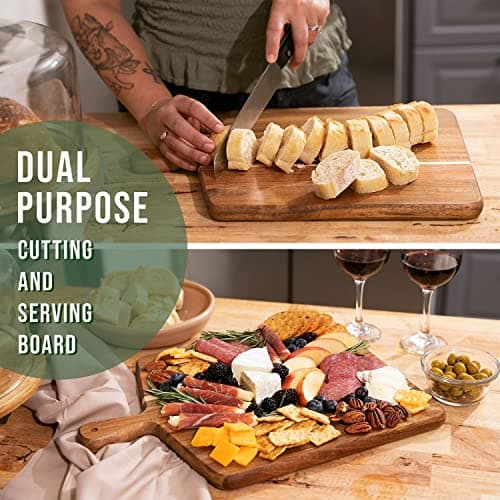 Acacia Wood Cutting Board and Chopping Board with Handle for Meat, Cheese Board, Vegetables, Bread, and Charcuterie - Decorative Wooden Serving Board for Kitchen and Dining Room, Large 17" x 13"
