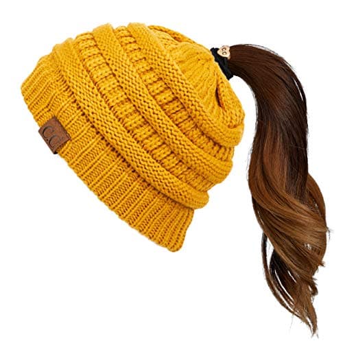 C.C Hatsandscarf Exclusives Solid Color Beanie Tail Hat for Adult (MB-20A) - One Size, Mustard Yellow