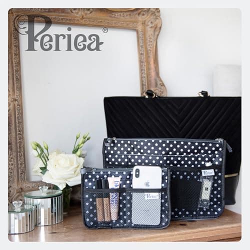 Periea Chelsy Handbag Organizer Insert 13 Pocket Purse Organiser with 2 Zipped Compartments Washable Reinforced Handles Structured Padding S M L (Black, Medium)