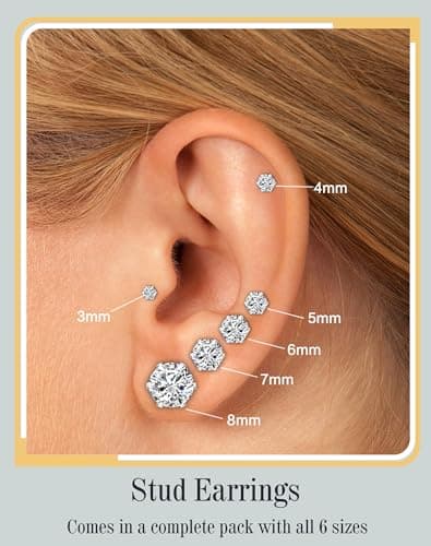 6 Pairs Stud Earrings Set, Hypoallergenic Cubic Zirconia Earrings, Silver 14K Gold Plated 316L Stainless Steel CZ Earring for Women Men 3-8mm (Gold - 6 Pairs)