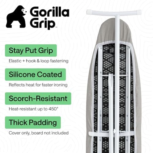 GORILLA GRIP Reflective Silicone Ironing Board Cover, Resist Scorching and Staining, 15x54 Inch, Hook and Loop Fastener Straps, Pads Fit Large and Standard Boards, Elastic Edge, Thick Padding, Silver