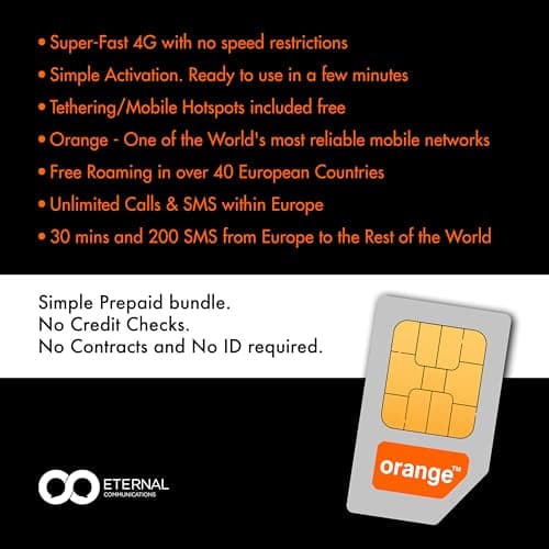 Preloaded Orange Travel Sim Card Now with 20GB of 4G Data, Unlimited Calls & SMS in Europe, 30 mins & 200 SMS from Europe to Worldwide (Lasts for 31 Days). Tethering Allowed
