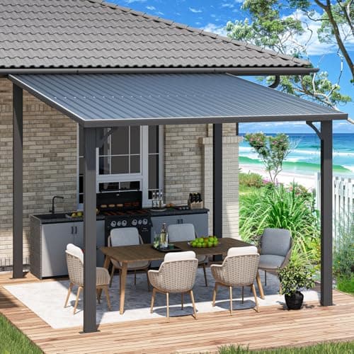 U-MAX 10' x 10' Hardtop Gazebo Outdoor Pergola, Heavy Duty Lean to Metal Pergolas and Gazebos Clearance, Wall-Mounted 10x10 Gazebo Galvanized Steel Patio Roof Awning