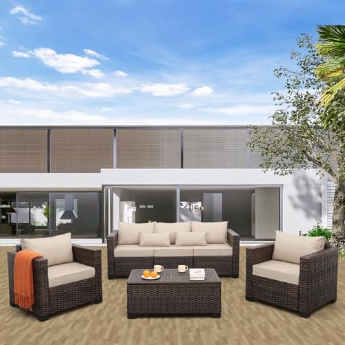 Oasishine Outdoor Patio Furniture Set 4 Pieces Wicker Outdoor Furniture Chairs and Sofa Patio Storage Table Non-Slip Cushions and Waterproof Covers, Khaki