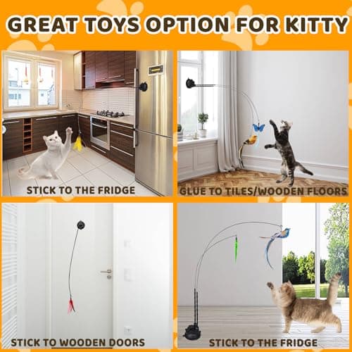 Cat Feather Toys, 12 PCS Cat Toys with 2 Slots Super Suction Cup, Detachable 2PCS Cat Wand Toys and 9 PCS Feather Replacements with Bell, Interactive Cat Toy Kitten Toys for Indoor Play Chase Exercise