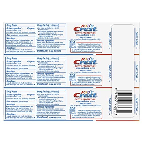 Crest Kid's Cavity Protection Toothpaste, Crest Kids Toothpaste, For Children And Toddlers 2+, Sparkle Fun, 4.6 Oz (Pack of 3), Toothpaste For Kids, Packaging may vary