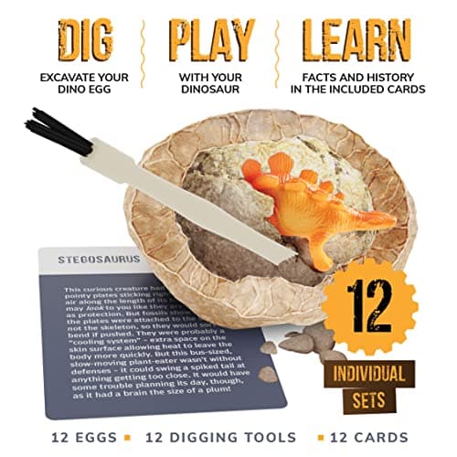 Dan&Darci Dig a Dozen Dino Egg Kit for Kids - Basket Stuffers - Dinosaur Toys Gift 3-12 Year Old - 12 Eggs & Surprise Dinosaurs - Science STEM Activities - Boy Toy Party Gifts for Boys & Girls