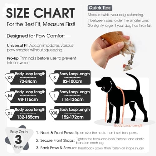 Pezluxe Dog Suspender Boots, Waterproof Anti-Slip Dog Rain Boots with Adjustable Strap for Small Medium Large Dogs, Reflective Paw Protector Dog Boots for Outdoor Walking, Rain Snow Hiking, Black, S