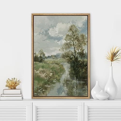 SIGNWIN Framed Canvas Print Wall Art River Through Spring Forest Field Nature Wilderness Modern Art Decorative for Living Room, Bedroom, Office - 24"x36" NATURAL