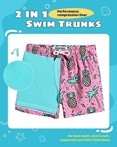 MaaMgic Boys Swim Trunks with Compression Liner Toddler Stretch Quick Dry Swim Shorts Quick Dry 2 in 1 Beach Shorts,Palm Pineapple Pink,Medium(10/12)
