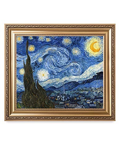 DECORARTS - Starry Night - Vincent Van Gogh. Giclee Print on Canvas with Matching Golden-Relief Framed Wall Art. Total with Framed Size: 30x26