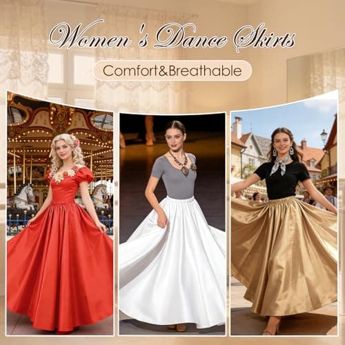 ZLDPQ 4PCS Satin Maxi Skirt for Women Circle Dance Skirts Ankle Length Long Skirt Women for Flamenco Belly Dance Party, Red, One Size
