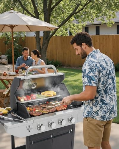 EUHOME 4-Burner Propane Gas BBQ Grill with Side Burner, 46,500 BTU Output Stainless Steel Barbecue Grill with Enameled Cast Iron Grates and Side Tables for Outdoor Cooking Kitchen and Patio Backyard