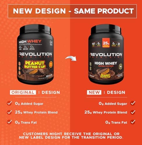 Revolution Nutrition, High Whey, Protein Powder 2LB, Whey Protein, Gluten Free, 25g of Protein Per Scoop, 908 g, 24 Servings (Peanut Butter Cup, 2 Pound)