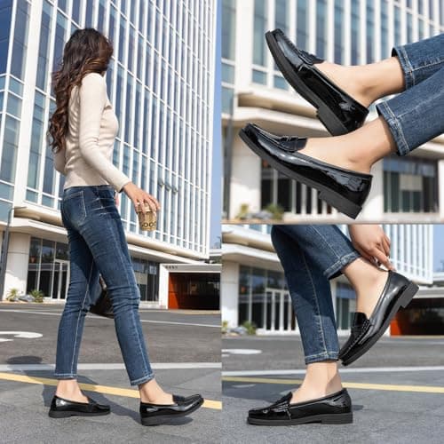 Freeberry Women's Comfortable Leather Penny Loafers Slip On Business Casual Dress Shoes Lightweight Office Work Flats Everyday Walking Shoes for Women, Black Patent, 8.5 M US