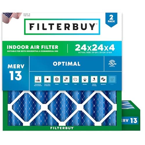 Filterbuy 24x24x4 Air Filter MERV 13 Optimal Smoke & Allergy Defense (2-Pack), Electrostatic Pleated HVAC AC Furnace Filters Replacement, Made in USA (Actual Size: 23.38 x 23.38 x 3.63)