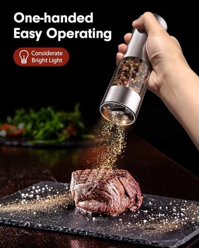 TOMEEM Upgraded Larger Capacity Electric Salt and Pepper Grinder Set Rechargeable with LED lights, Stainless Steel Automatic Pepper and Salt Grinder Refillable with 5 Adjustable Coarseness