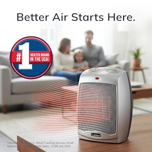 Lasko Desktop Electric Ceramic Space Heater with Adjustable Thermostat, 2 Heat Settings and Fan Only Mode, 9.2 Inches, Silver, 754200