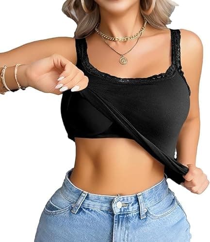 Women's Padded Square Neck Tank Tops Lace Summer Double Layer Sleeveless Tank Shirts Basic Going Out Clothes