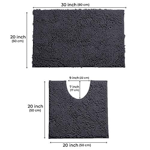 LuxUrux 2 Piece Bath Mat Set, Extra-Soft Plush Bath Shower Bathroom Rug + U-Shaped Toilet Mat. 1'' Chenille Microfiber Material. Super Absorbent. Machine Wash & Dry (Curved Set, Charcoal)