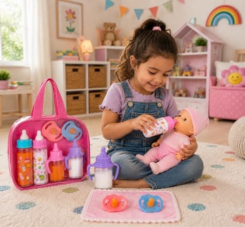 fash n kolor®, My Sweet Baby Disappearing Doll Feeding Set | Baby Care 6 Piece Doll Playset for Toy Stroller | 2 Milk & Juice Bottles with 2 Toy Pacifier for Baby Doll