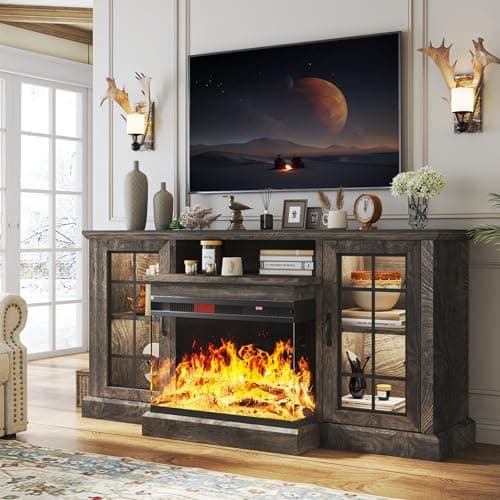 oneinmil 59" Fireplace TV Stand, 3 Sided Glass Media Entertainment Center Console Table for TVs up to 65" with Glass Door Adjustable Flame LED Color for Living Room, Set of TV Table, Grey