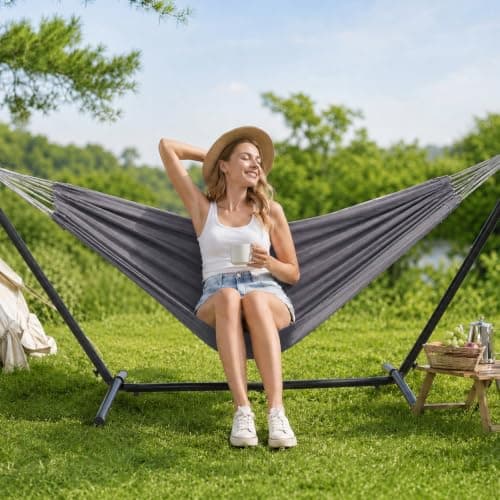 Hammock with Stand, Ohuhu Double Hammock with Space Saving Steel Stand & Pillow 2 Person Hammocks with Portable Carrying Bag for Camping Garden Patio Indoor Use Gift for Birthday, Grey
