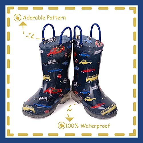 OUTEE Toddler Boys Rain Boots Little Kids Baby Light Up Printed Waterproof Mud Shoes Blue Police Firefighters Lightweight Rubber Adorable with Easy-On Handles Non Slip (Size 1,BLue)