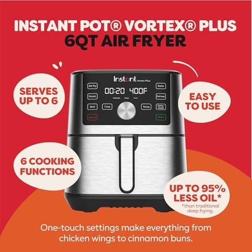 Instant Pot 6QT VORTEX Plus Air Fryer, 6-in-1, Air Fry, Broil, Dehydrate, Crisp, Roast, Reheat, Bake, Dishwasher-Safe Airfryer basket, from the Makers of Instant Pot, Stainless Steel