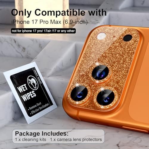 Choiche Compatible for iPhone 17 Pro Max Camera Lens Protector, Bling Camera Cover with 9H Tempered Glass Lens Screen Protector Metal Ring Decoration Accessories 6.9-inch (Glitter-Orange)